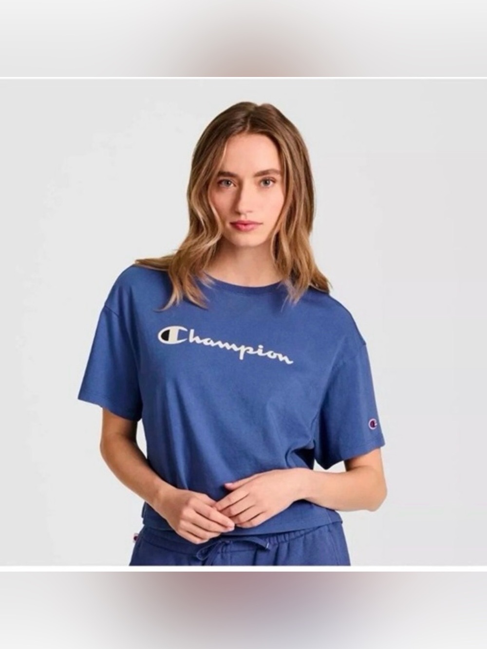 Champion Women Cotton Athletic Boxy T-shirt in blue size Large